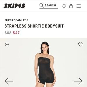 🌸SKIMS Black Strapless Sheer Seamless Shortie Bodysuit NWT